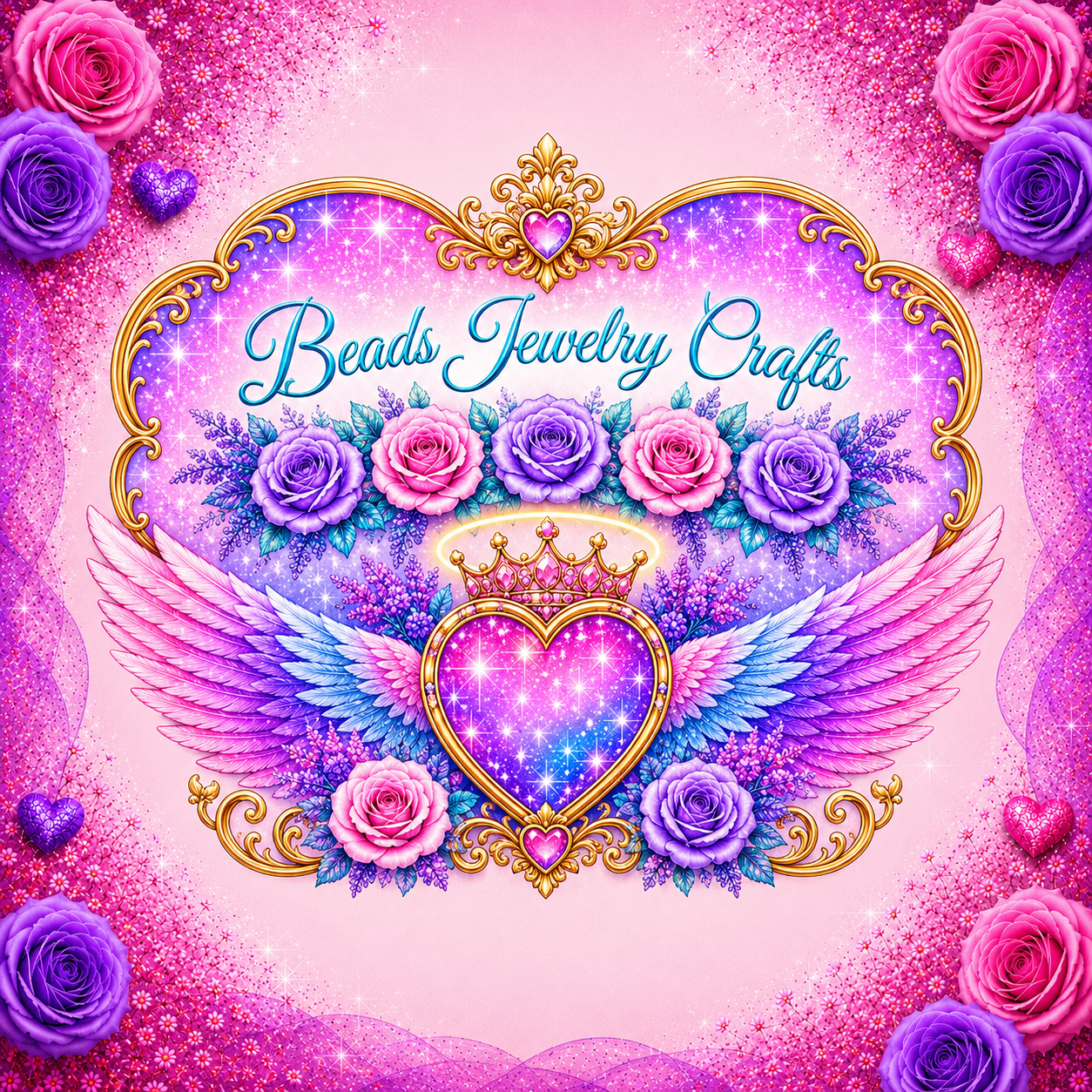 beadsjewelrycrafts logo with pink and purple roses and jewelry heart